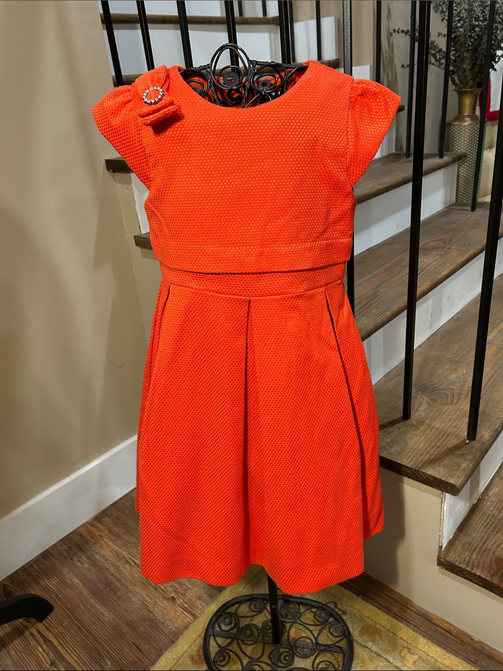 Mayoral girls 7  Vibrant Orange Textured Party Dress with Bow Accent